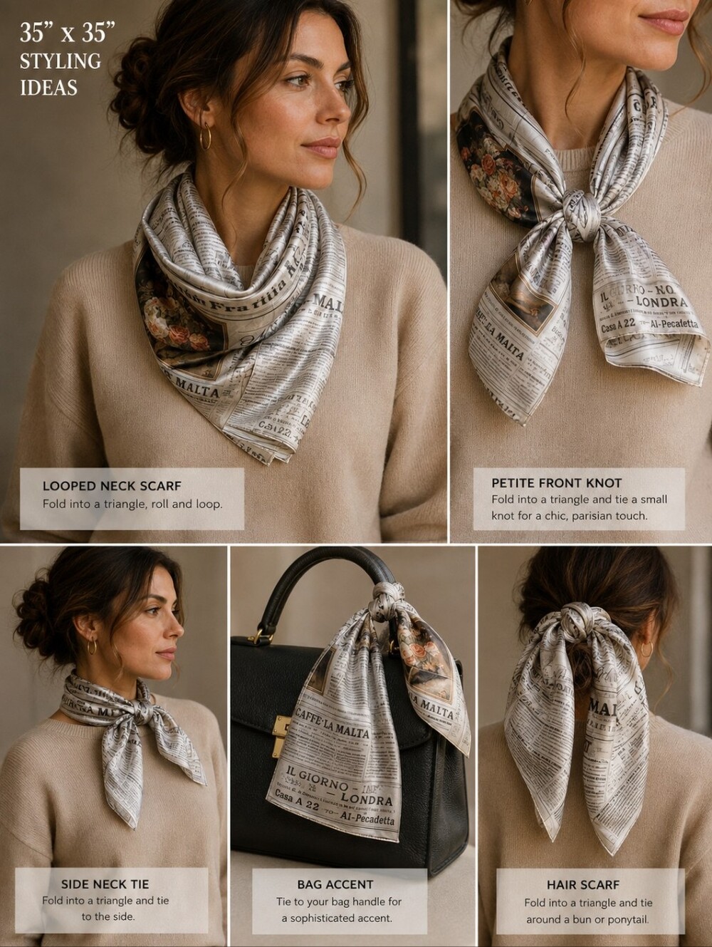 NEW 35" Oversized Square French Newsprint & Floral Pattern Fashion Scarf